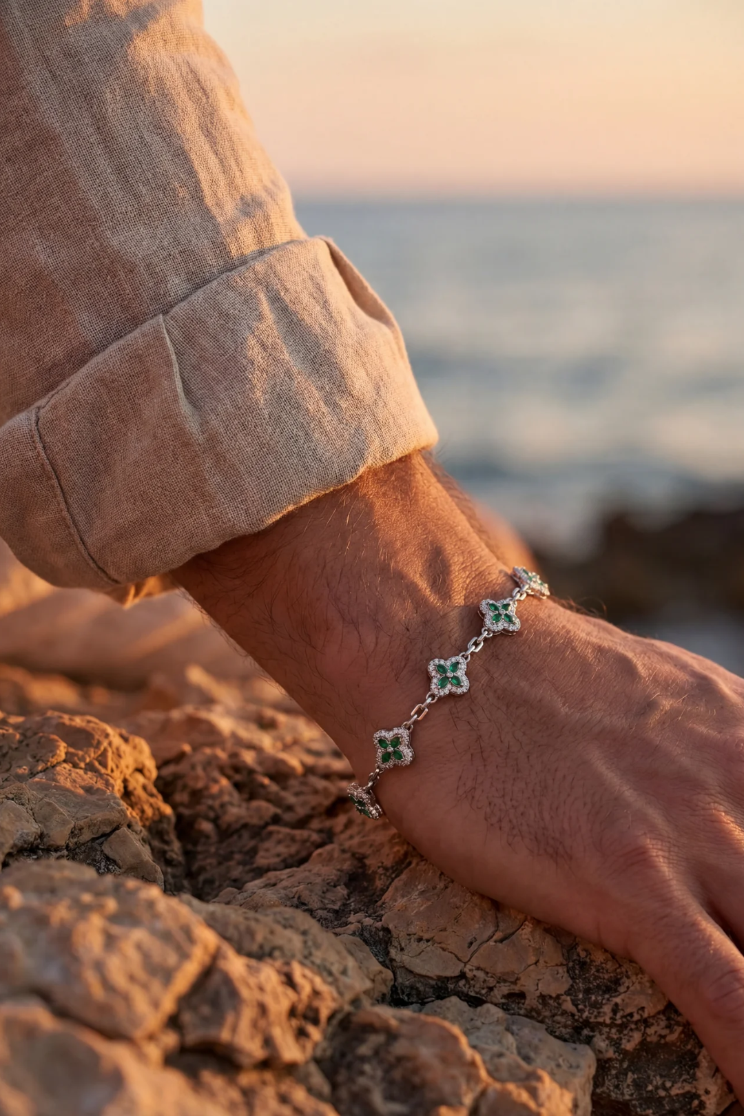 Bruce & Co Green Zircon Flower Bracelet, Silver-Tone Copper