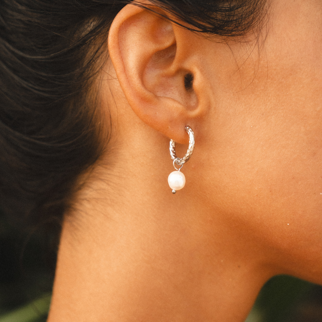 Bruce & Co Hammered Pearl Hoop Earrings, 12 mm