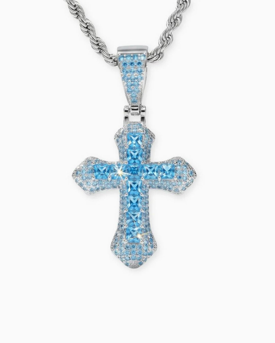 Bruce & Co Men’s Blue Stone Iced Cross Pendant Necklace, Silver-Plated Copper