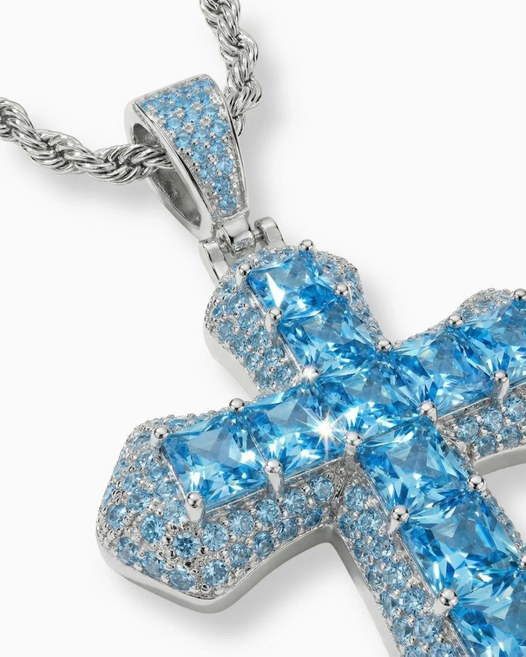 Bruce & Co Men’s Blue Stone Iced Cross Pendant Necklace, Silver-Plated Copper