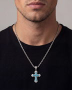 Bruce & Co Men’s Blue Stone Iced Cross Pendant Necklace, Silver-Plated Copper