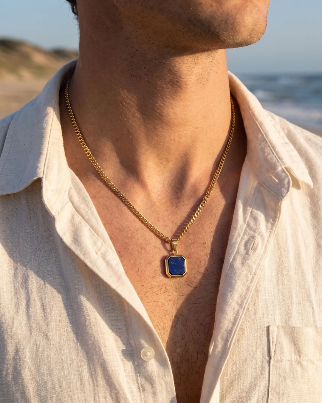 Bruce & Co Men’s Blue Inlay Pendant Necklace, 14K Gold-Plated Steel