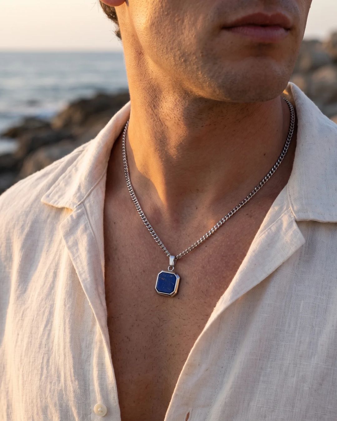 Bruce & Co Men’s Blue Inlay Pendant Necklace, Silver-Plated Steel