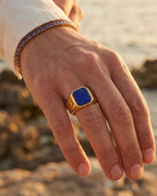 Bruce & Co Men’s Blue Inlay Signet Ring, Gold-Plated Steel, US 7–13