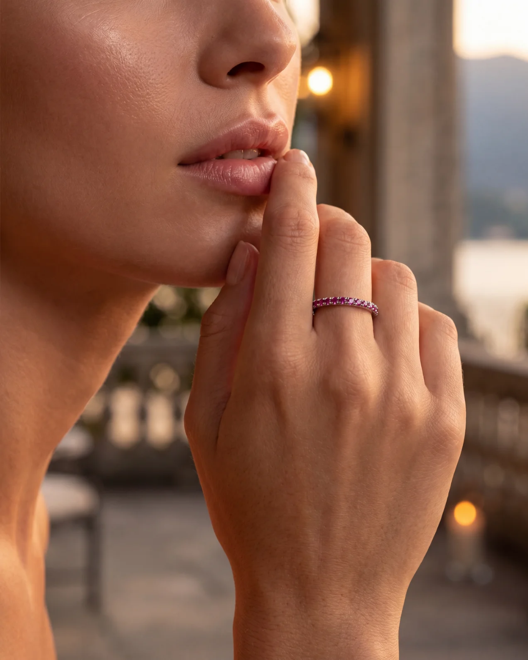 Bruce & Co Mar Rosa – Deep Rose Zircon Stone Band Ring, Stainless Steel