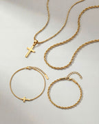 Bruce & Co Men’s Cross and Rope Necklace and Bracelet Set, 4 Pieces, Gold-Tone