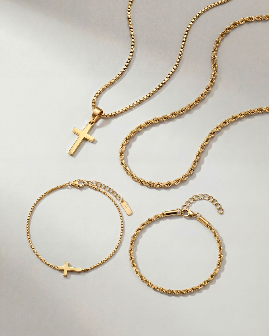 Bruce & Co Men’s Cross and Rope Necklace and Bracelet Set, 4 Pieces, Gold-Tone