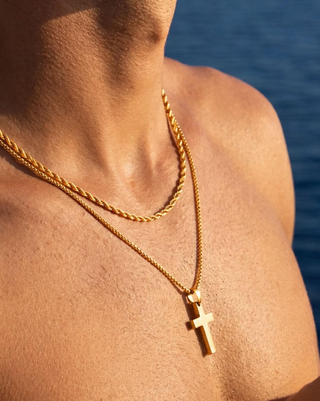 Bruce & Co Men’s Cross and Rope Necklace and Bracelet Set, 4 Pieces, Gold-Tone