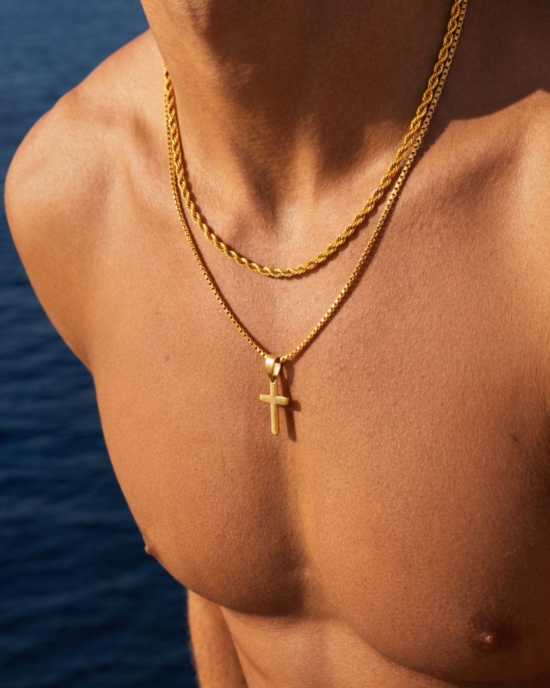 Bruce & Co Men’s Cross and Rope Necklace and Bracelet Set, 4 Pieces, Gold-Tone