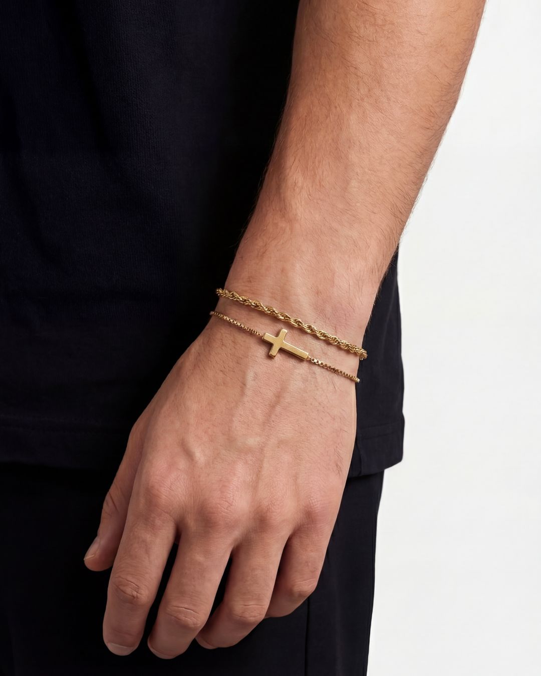 Bruce & Co Men’s Cross and Rope Necklace and Bracelet Set, 4 Pieces, Gold-Tone