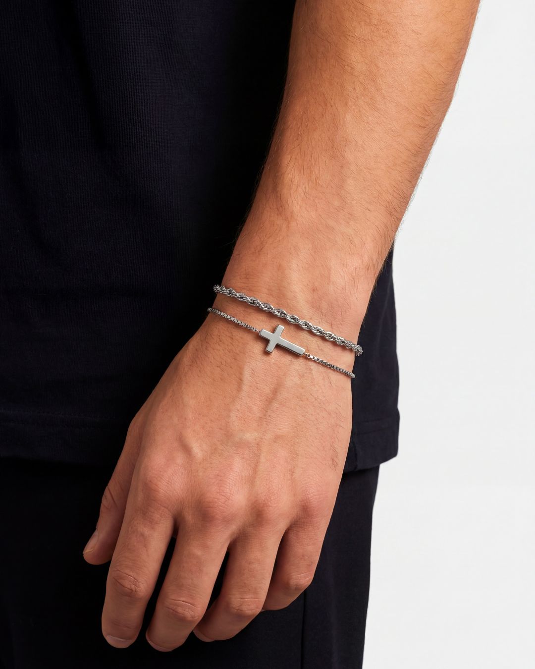 Bruce & Co Men’s Cross and Rope Necklace and Bracelet Set, 4 Pieces, Silver-Tone