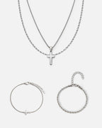 Bruce & Co Men’s Cross and Rope Necklace and Bracelet Set, 4 Pieces, Silver-Tone
