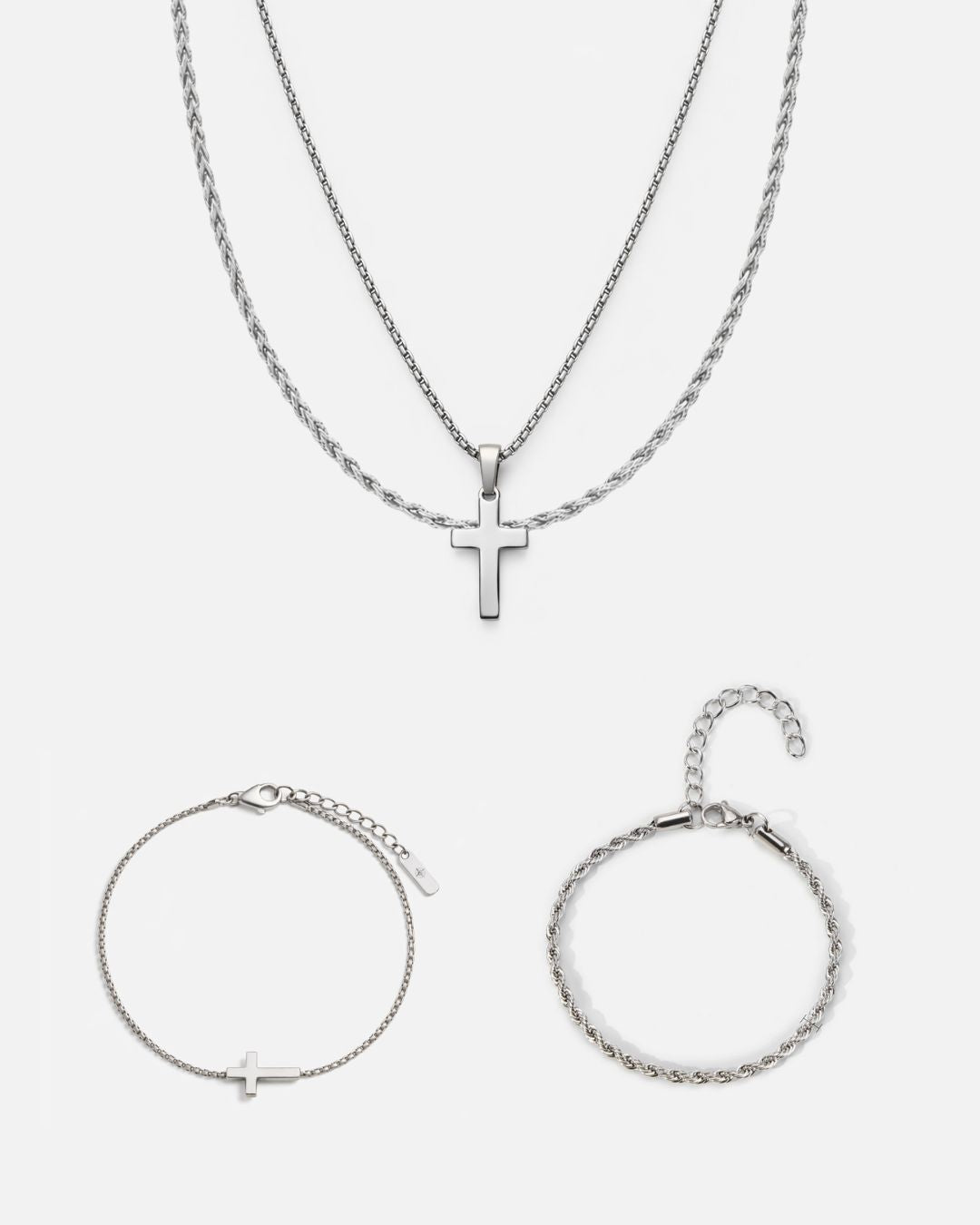 Bruce & Co Men’s Cross and Rope Necklace and Bracelet Set, 4 Pieces, Silver-Tone