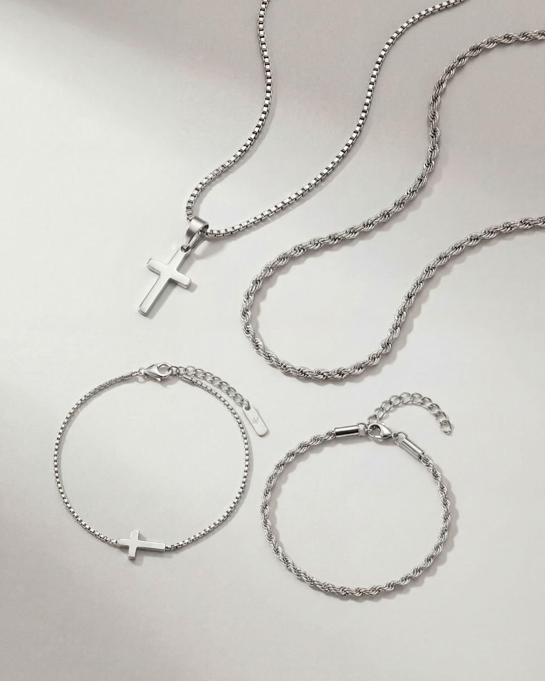 Bruce & Co Men’s Cross and Rope Necklace and Bracelet Set, 4 Pieces, Silver-Tone