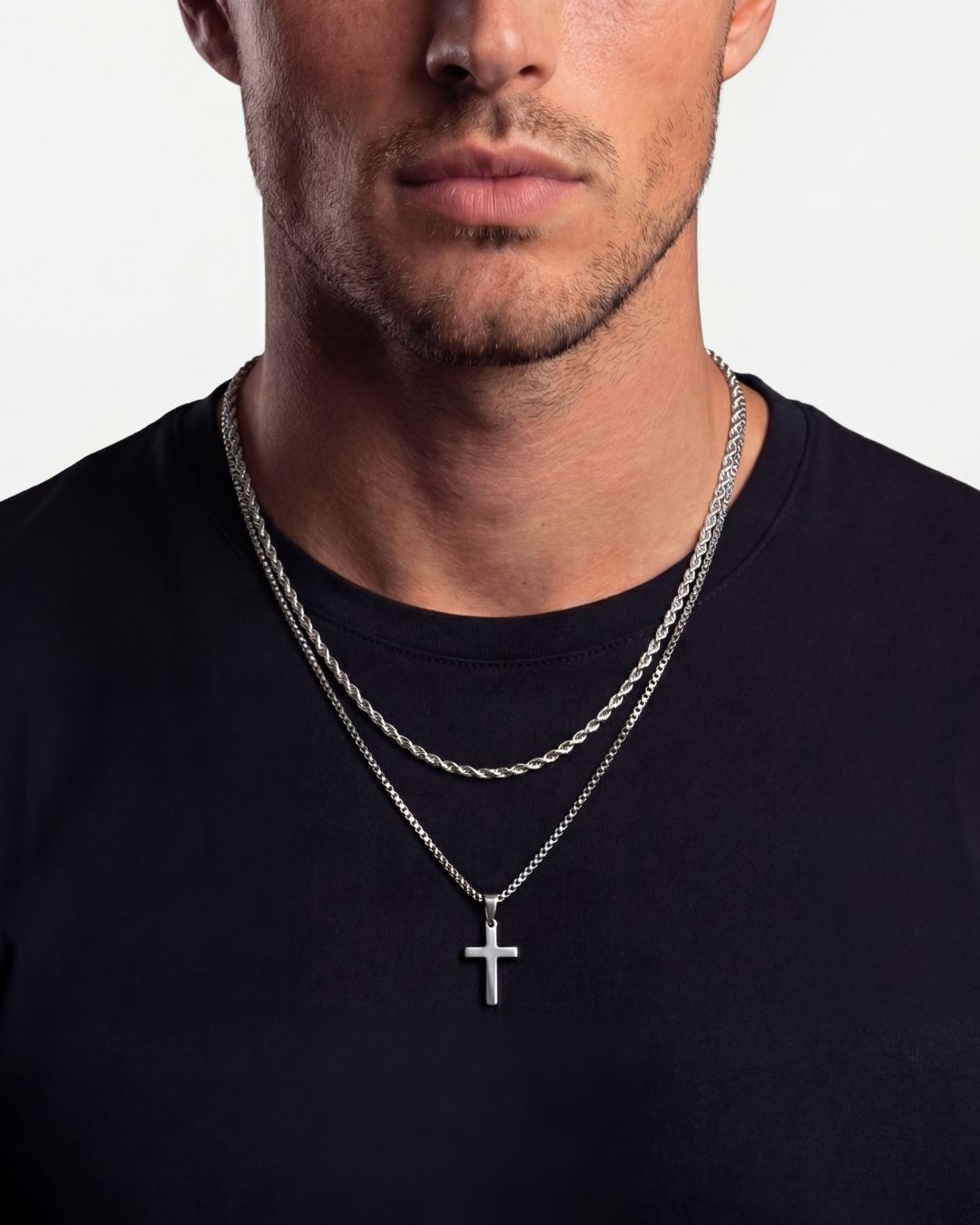 Bruce & Co Men’s Cross and Rope Necklace and Bracelet Set, 4 Pieces, Silver-Tone