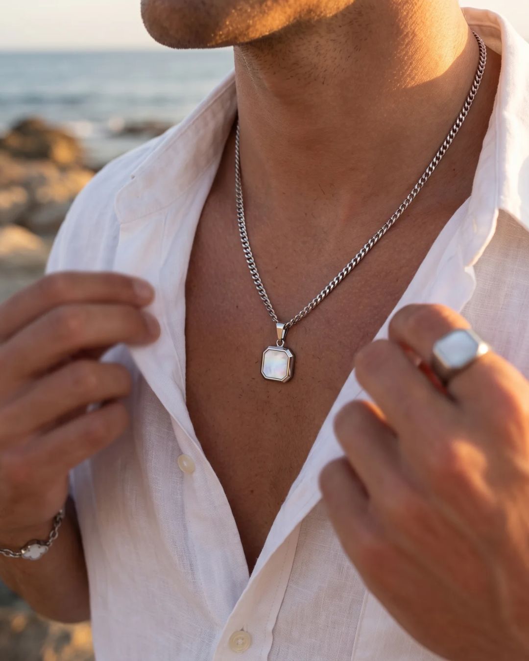 Bruce & Co Pearlescent White Inlay Pendant Necklace, Silver-Plated Steel