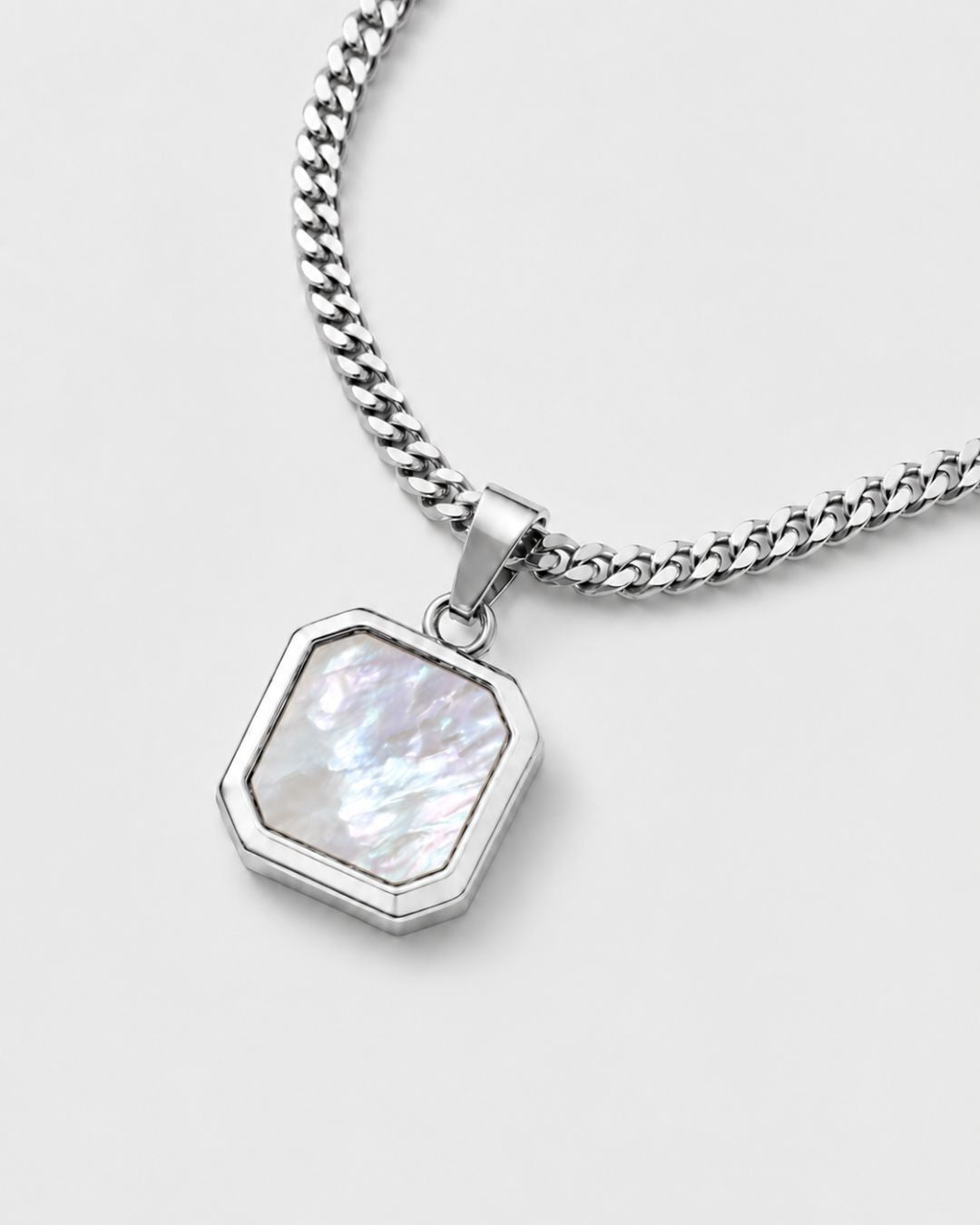 Bruce & Co Pearlescent White Inlay Pendant Necklace, Silver-Plated Steel