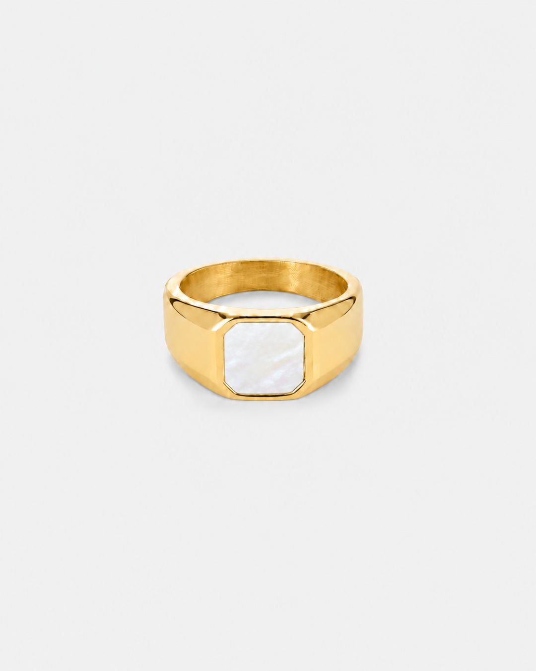 Bruce & Co Pearlescent White Inlay Signet Ring, Gold-Plated Steel, US 7–13