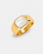 Bruce & Co Pearlescent White Inlay Signet Ring, Gold-Plated Steel, US 7–13