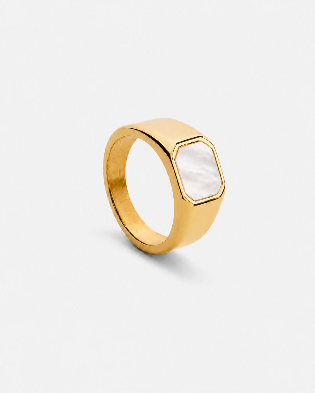 Bruce & Co Pearlescent White Inlay Signet Ring, Gold-Plated Steel, US 7–13