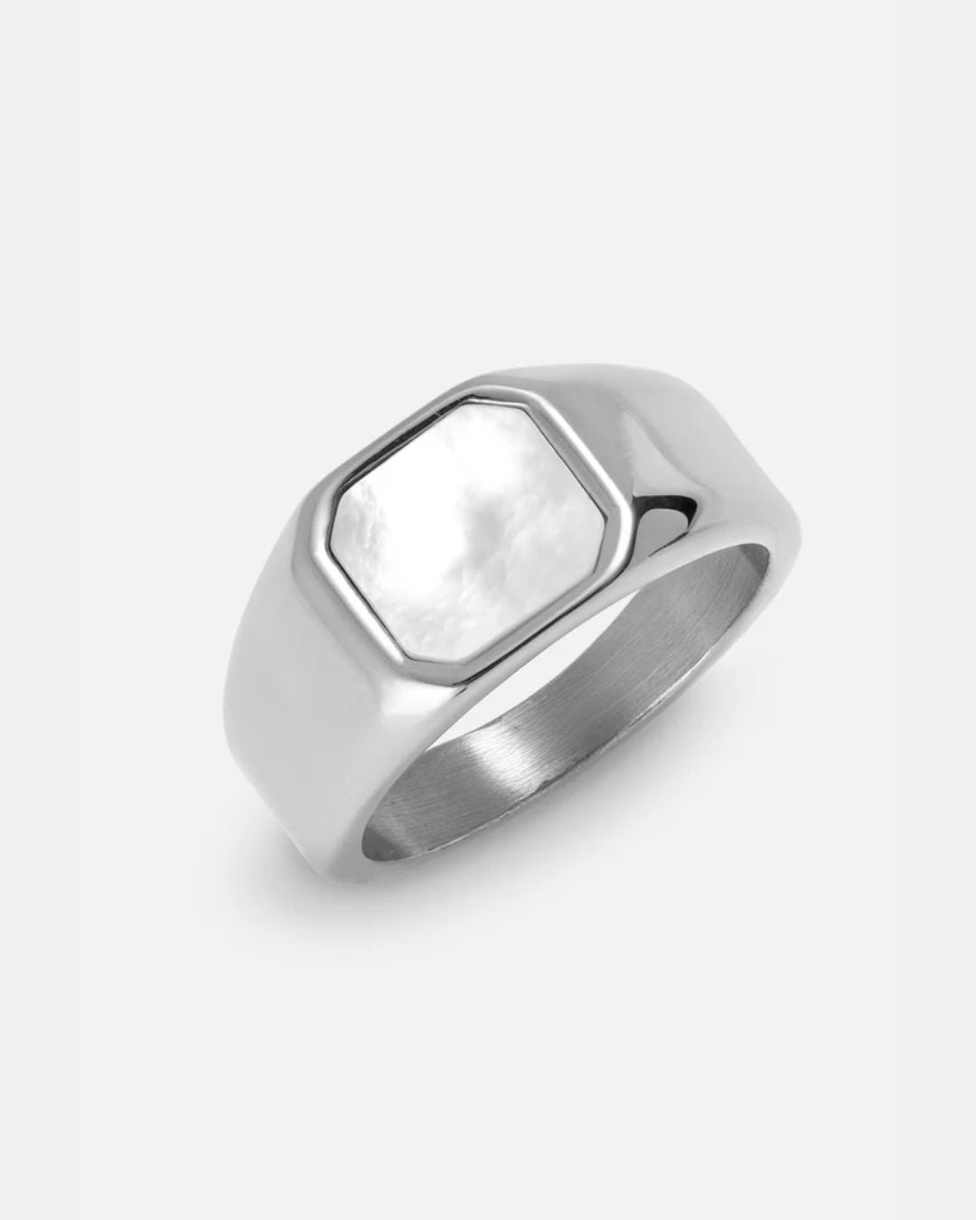 Bruce & Co Pearlescent White Inlay Signet Ring, Silver-Plated Steel, US 7–13