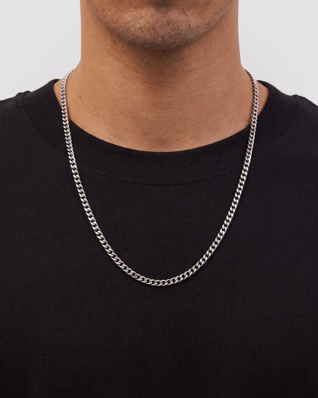 Bruce & Co Nocturno – Men’s Cuban Chain Necklace, 3 mm, Silver-Tone Steel