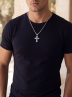 Bruce & Co Men’s Blue Stone Iced Cross Pendant Necklace, Silver-Plated Copper