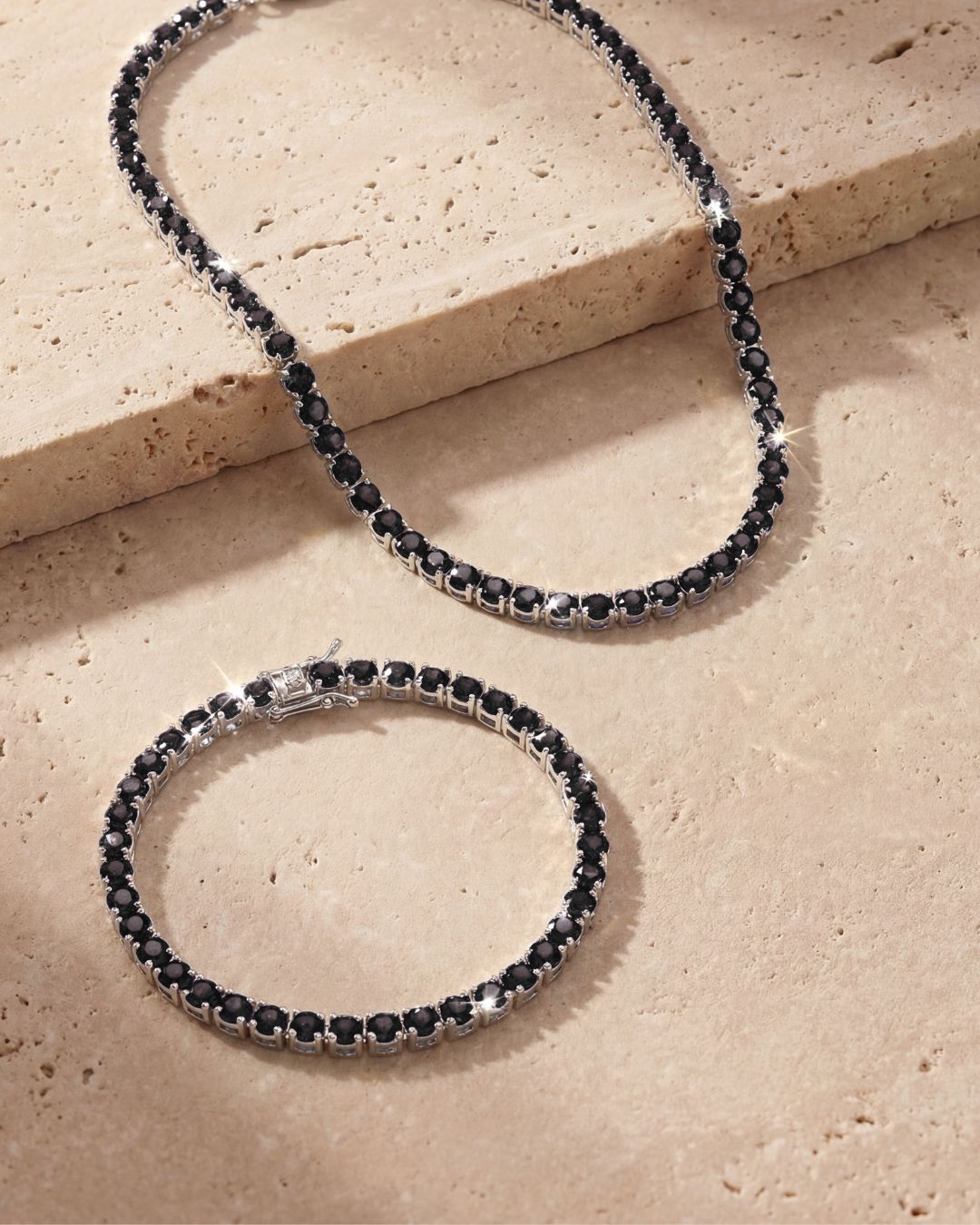 Bruce & Co Black Zircon Tennis Necklace and Bracelet Set, 4 mm, White-Gold-Plated