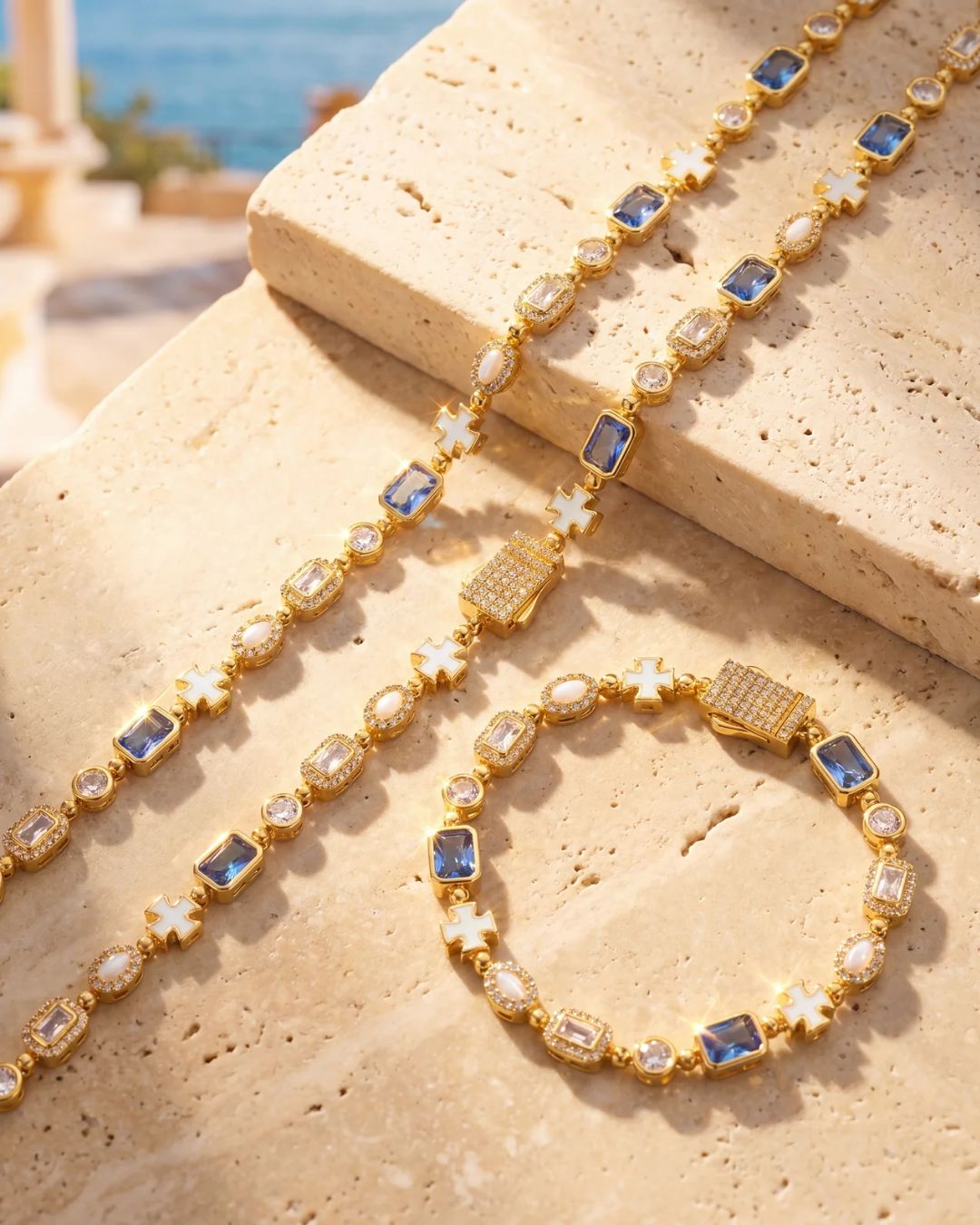 Bruce & Co Royal Azure – Men’s Blue and Clear Mosaic Bracelet, 6 mm, 18K Gold-Plated