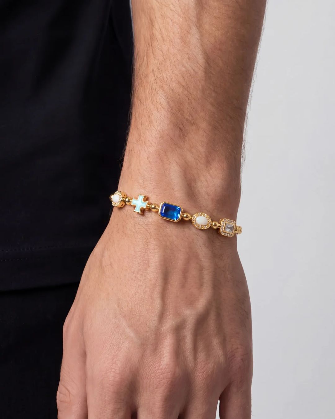 Bruce & Co Royal Azure – Men’s Blue and Clear Mosaic Bracelet, 6 mm, 18K Gold-Plated