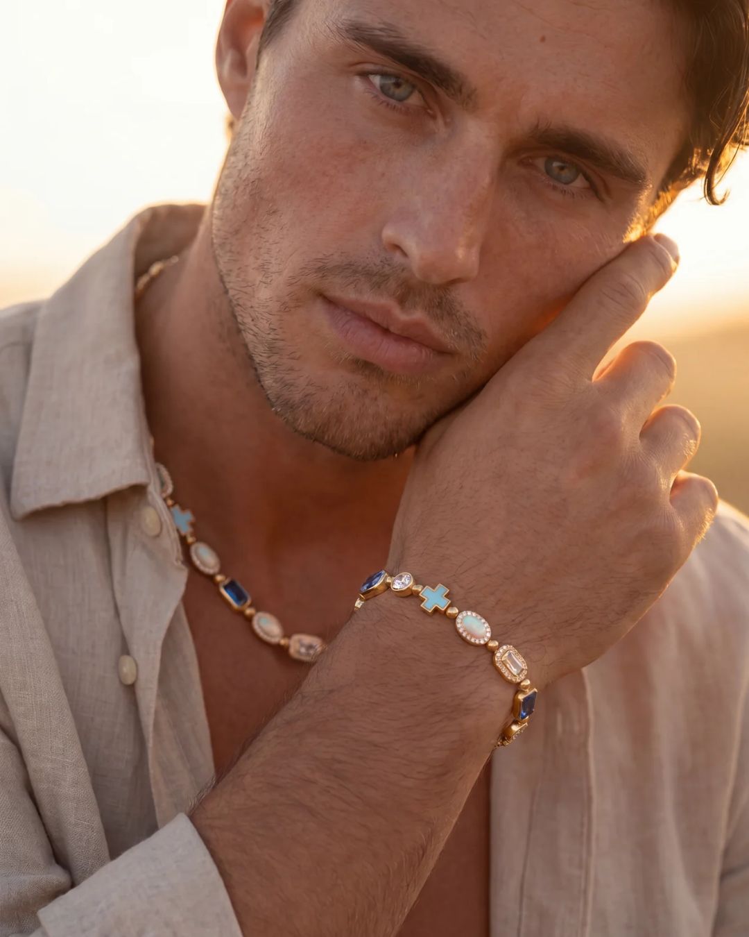 Bruce & Co Royal Azure – Men’s Blue and Clear Mosaic Bracelet, 6 mm, 18K Gold-Plated