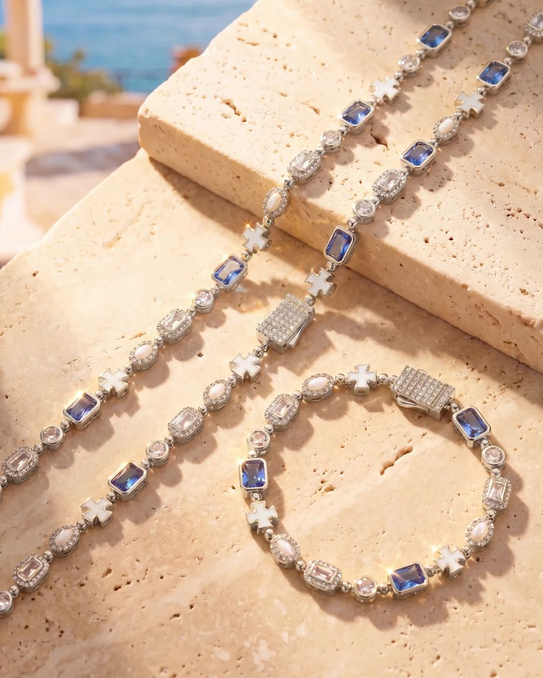 Bruce & Co Royal Azure – Men’s Blue and Clear Mosaic Bracelet, 6 mm, Silver-Tone
