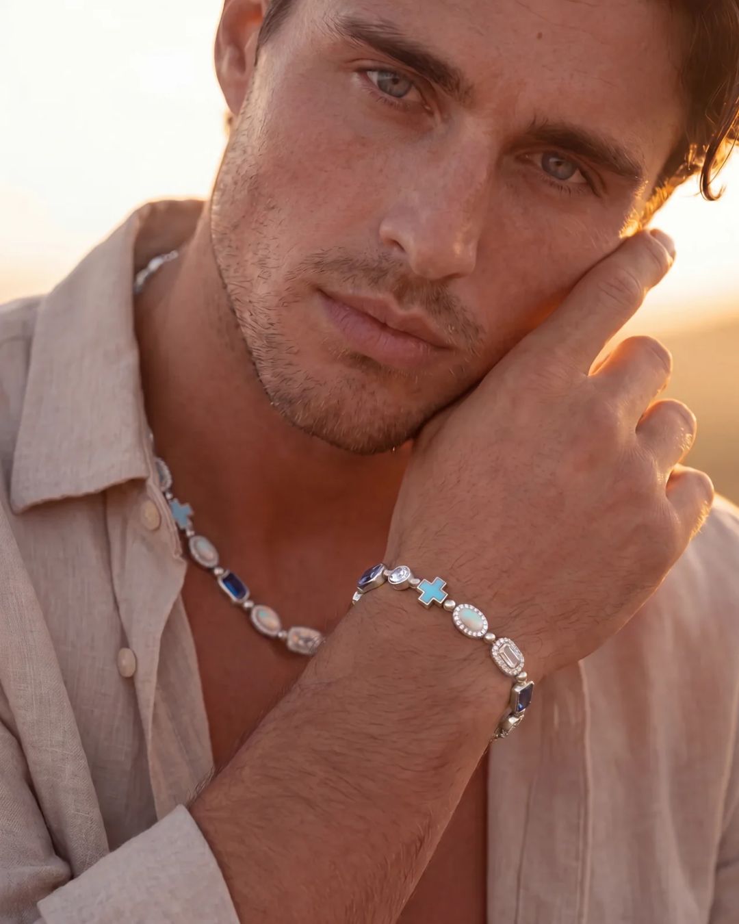 Bruce & Co Royal Azure – Men’s Blue and Clear Mosaic Bracelet, 6 mm, Silver-Tone