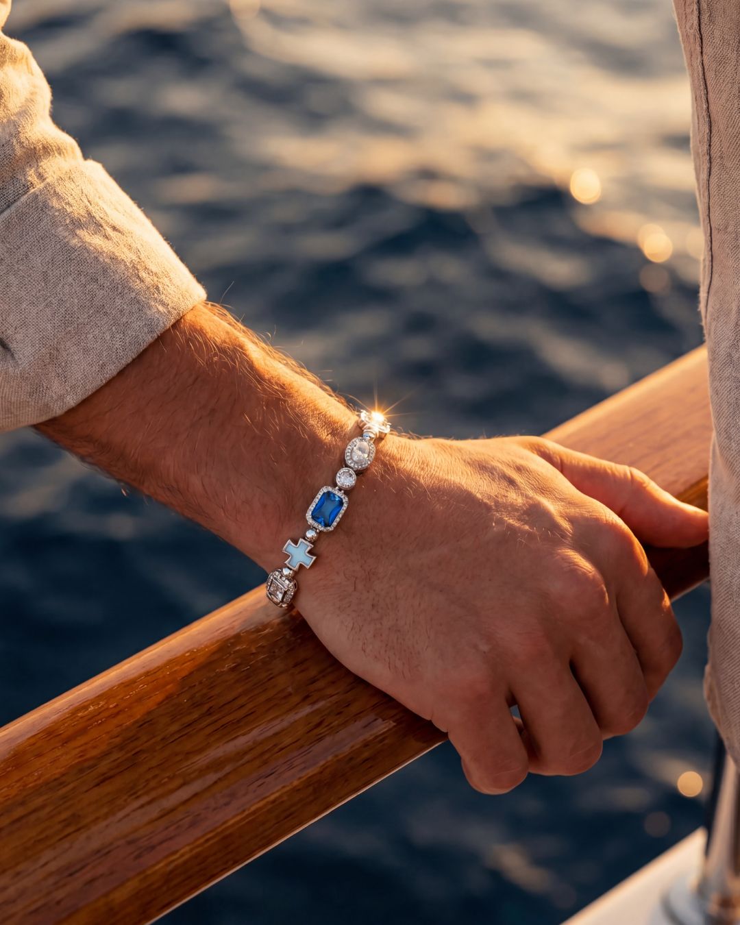 Bruce & Co Royal Azure – Men’s Blue and Clear Mosaic Bracelet, 6 mm, Silver-Tone