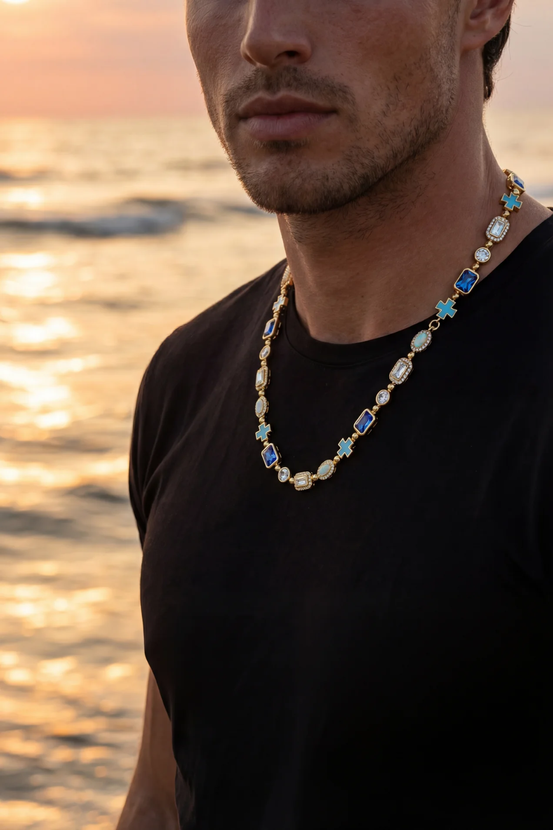Bruce & Co Royal Azure – Men’s Blue and Clear Mosaic Necklace, 6 mm, 18K Gold-Plated