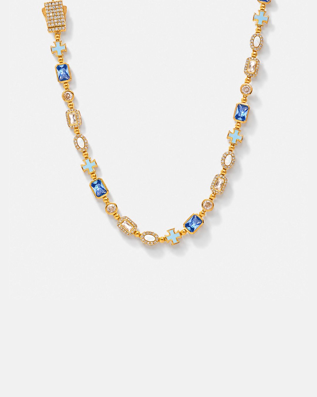 Bruce & Co Royal Azure – Men’s Blue and Clear Mosaic Necklace, 6 mm, 18K Gold-Plated