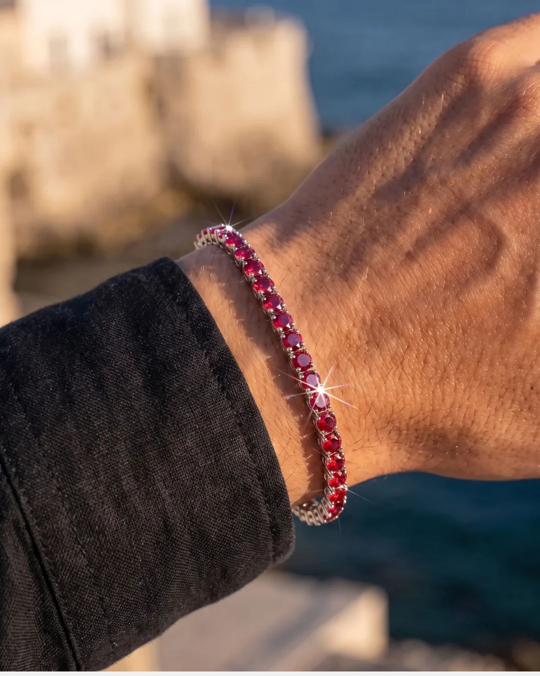 Bruce & Co Men’s Red Moissanite Tennis Bracelet, 4 mm, 925 Sterling Silver