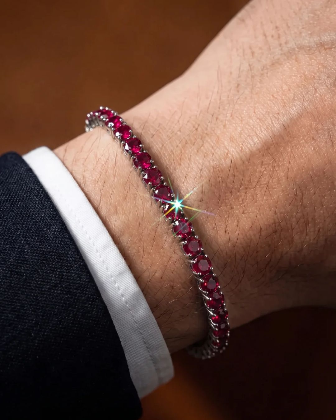 Bruce & Co Men’s Red Moissanite Tennis Bracelet, 4 mm, 925 Sterling Silver