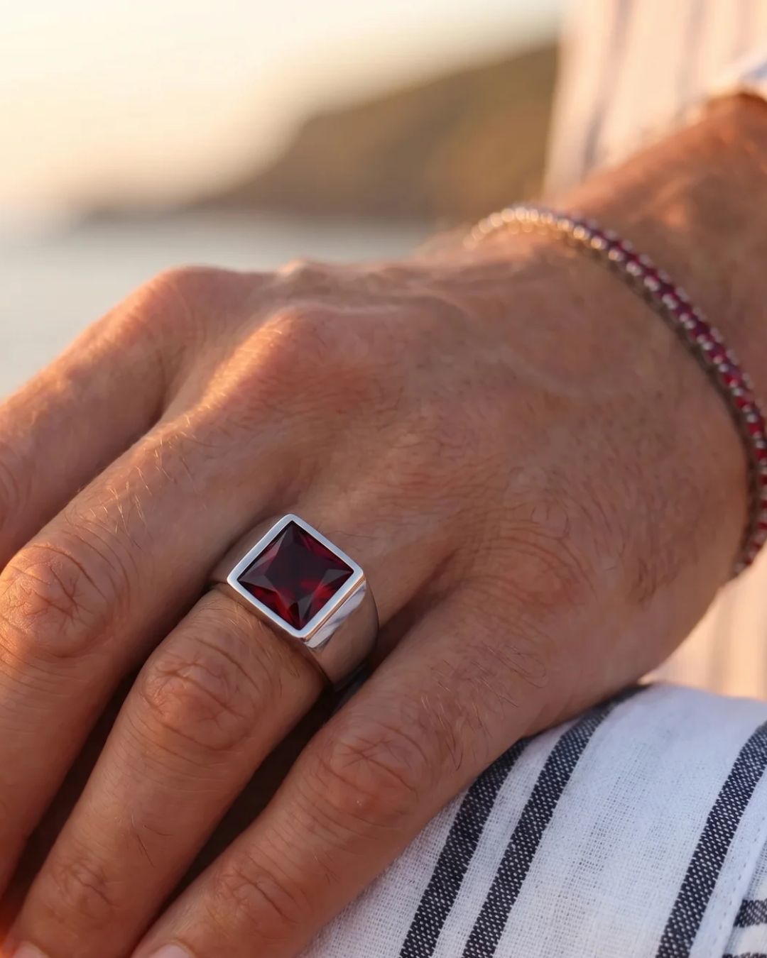 Bruce & Co Men’s Red Zirconia Square Signet Ring, Silver-Tone