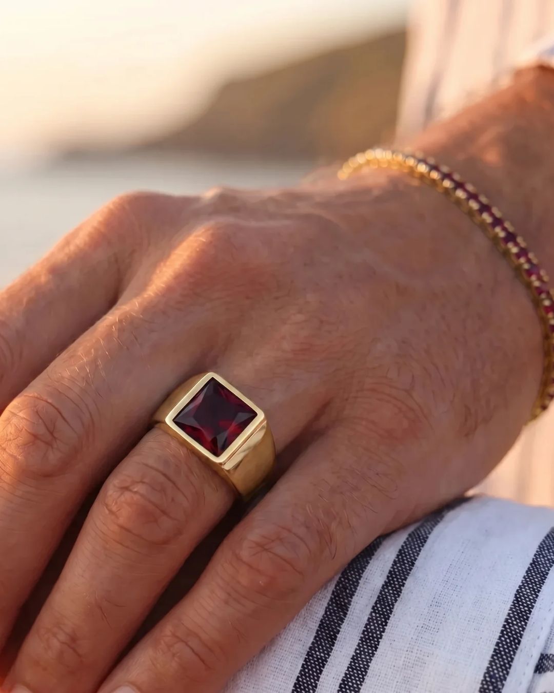 Bruce & Co Men’s Red Zirconia Square Signet Ring, Gold-Tone