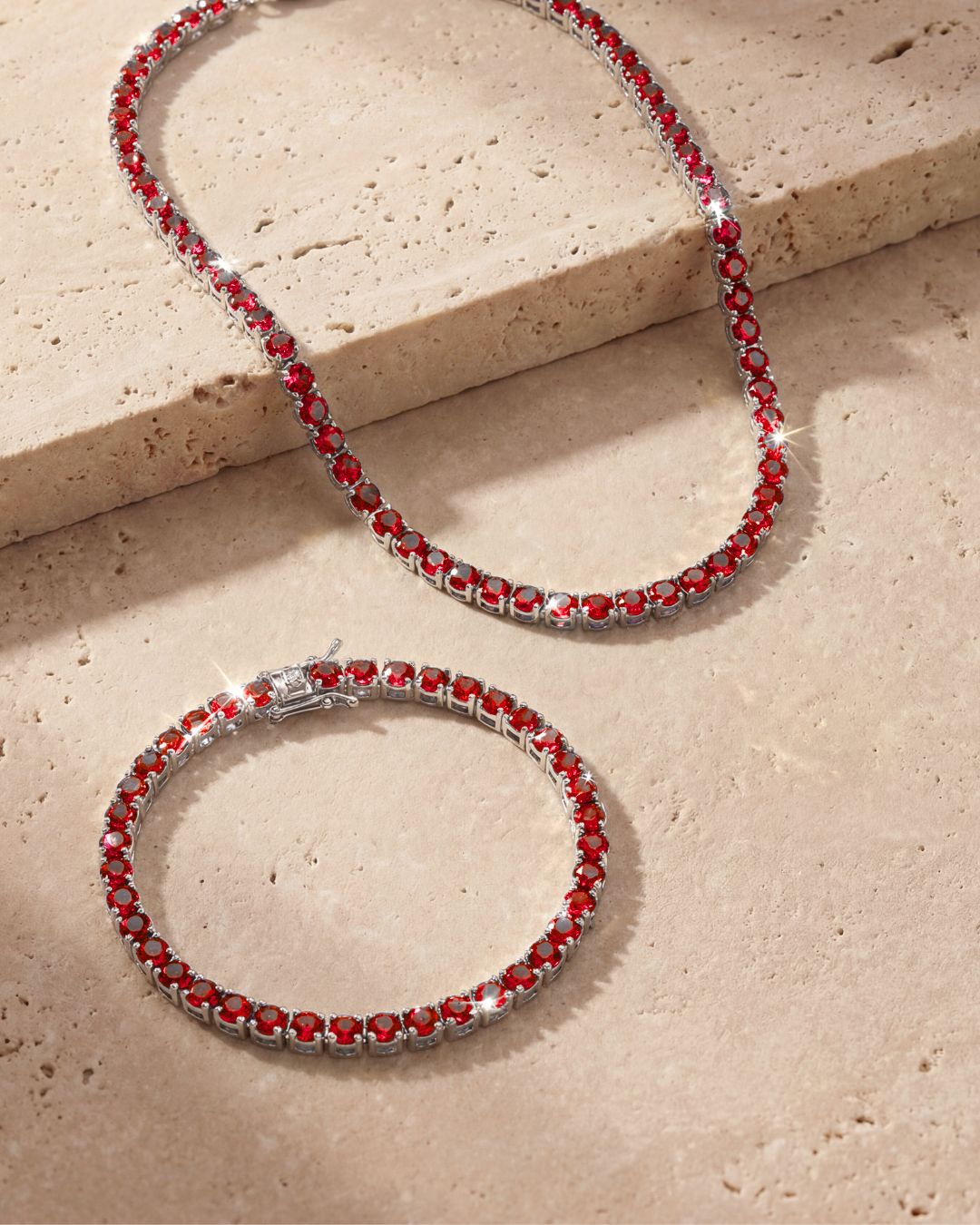 Bruce & Co Red Zircon Tennis Necklace and Bracelet Set, 4 mm, White-Gold-Plated