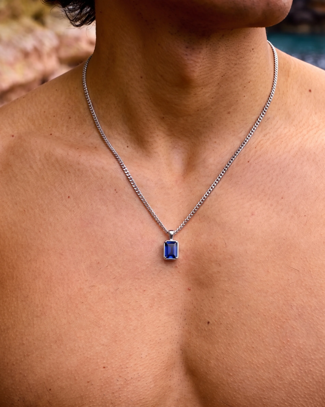 Bruce & Co Men’s 1 ct Lab-Grown Sapphire Pendant Necklace, 925 Silver Pendant