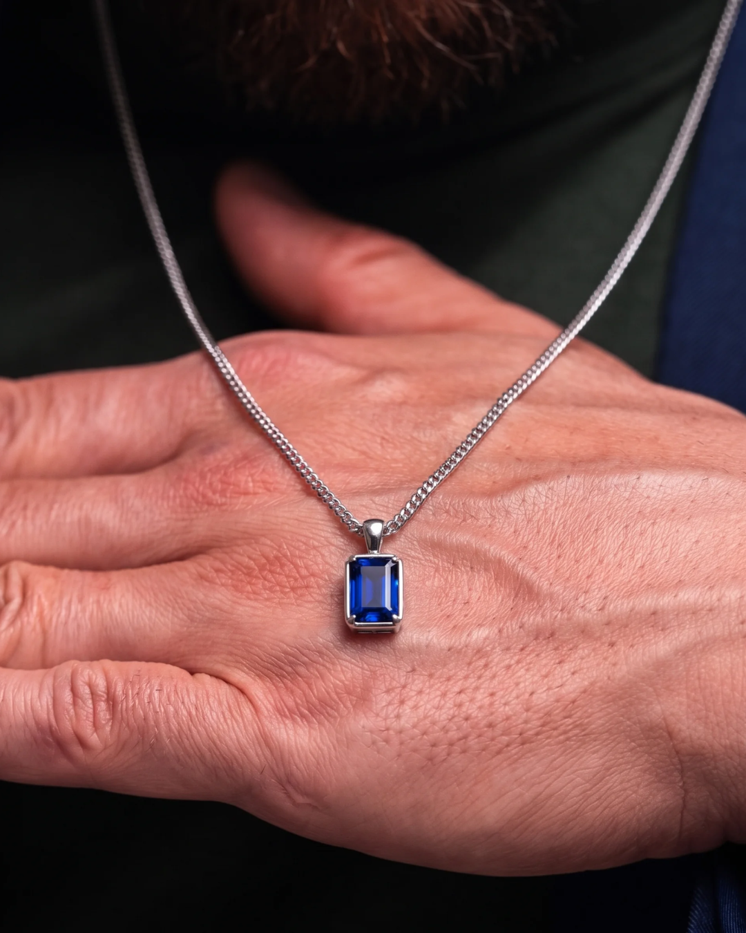 Bruce & Co Men’s 1 ct Lab-Grown Sapphire Pendant Necklace, 925 Silver Pendant