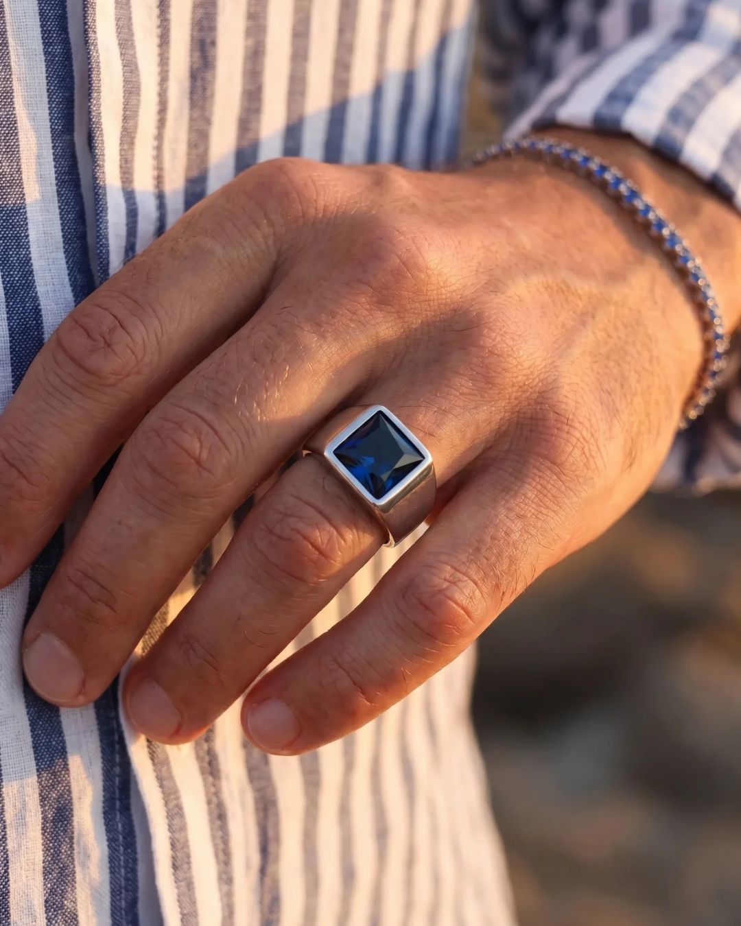 Bruce & Co Men’s Blue Zirconia Square Signet Ring, Silver-Tone