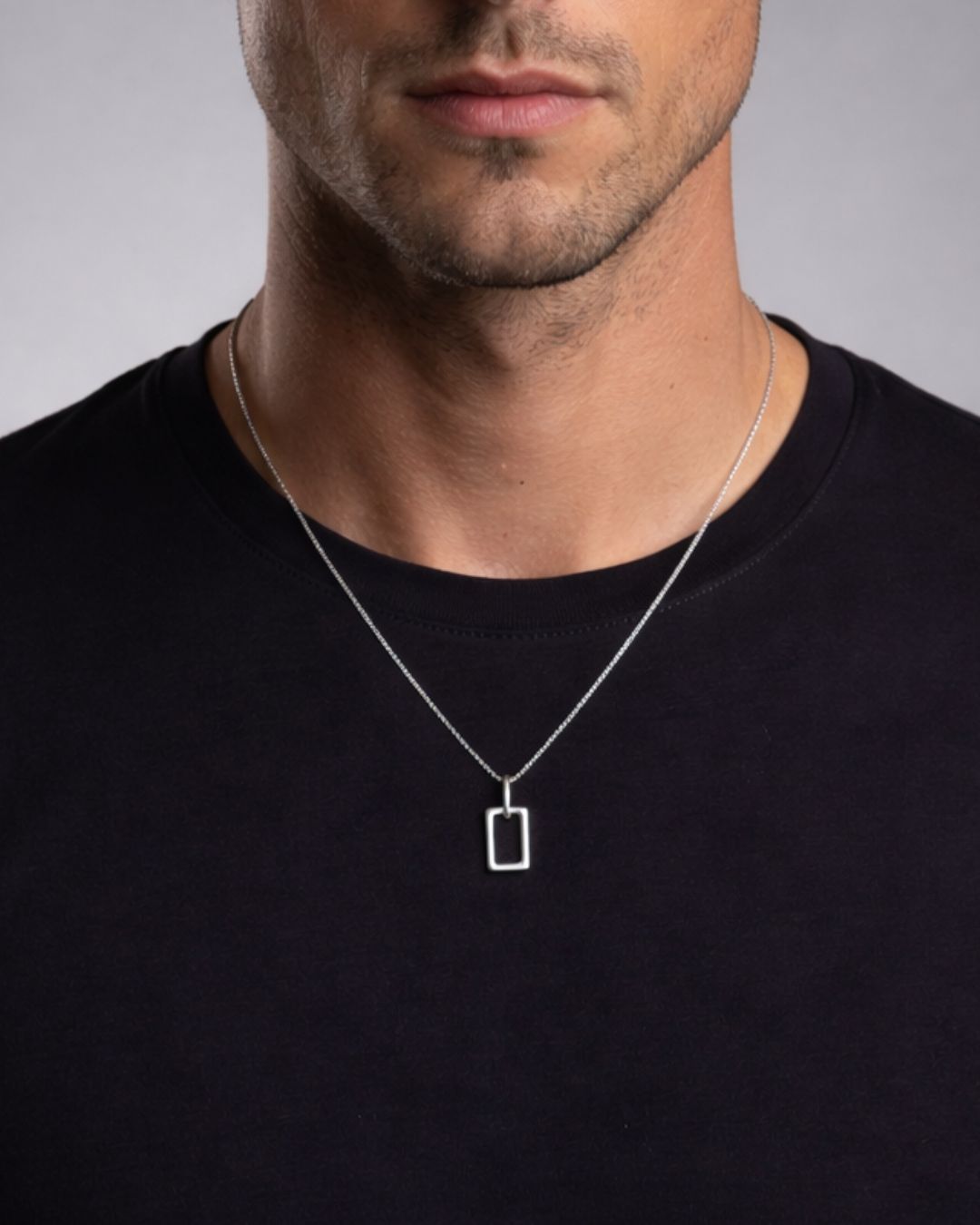 Bruce & Co Silhouette – Open Rectangle Pendant Necklace, Silver-Tone Steel