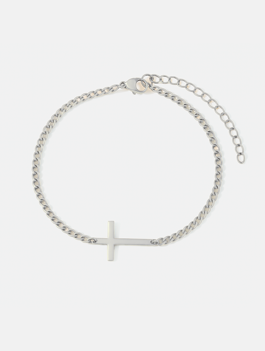 Bruce & Co Men’s Cuban Chain Cross Bracelet, 3 mm, Platinum-Plated Steel