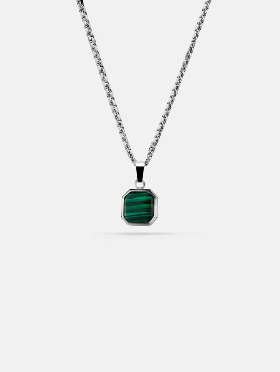 Bruce & Co Men’s Green Malachite Pendant Necklace, Silver-Plated Steel