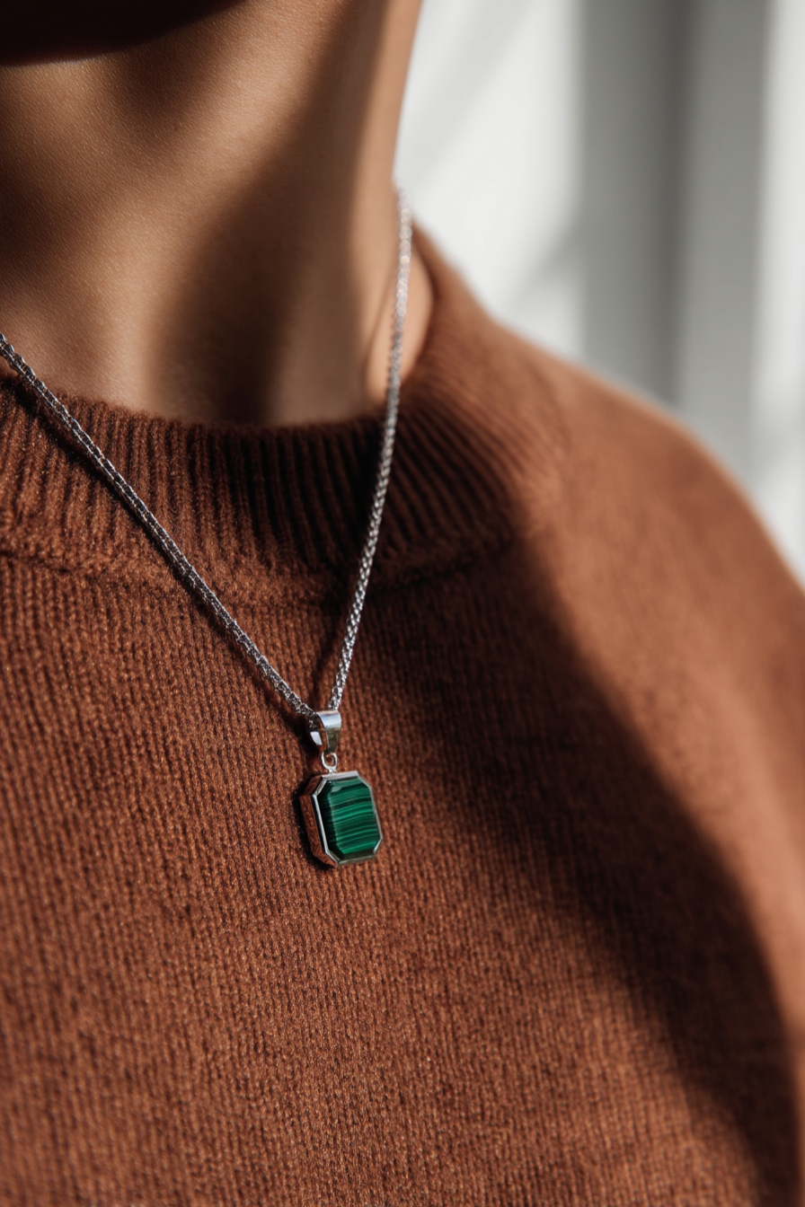 Bruce & Co Men’s Green Malachite Pendant Necklace, Silver-Plated Steel