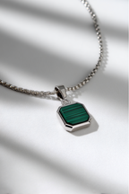 Bruce & Co Men’s Green Malachite Pendant Necklace, Silver-Plated Steel