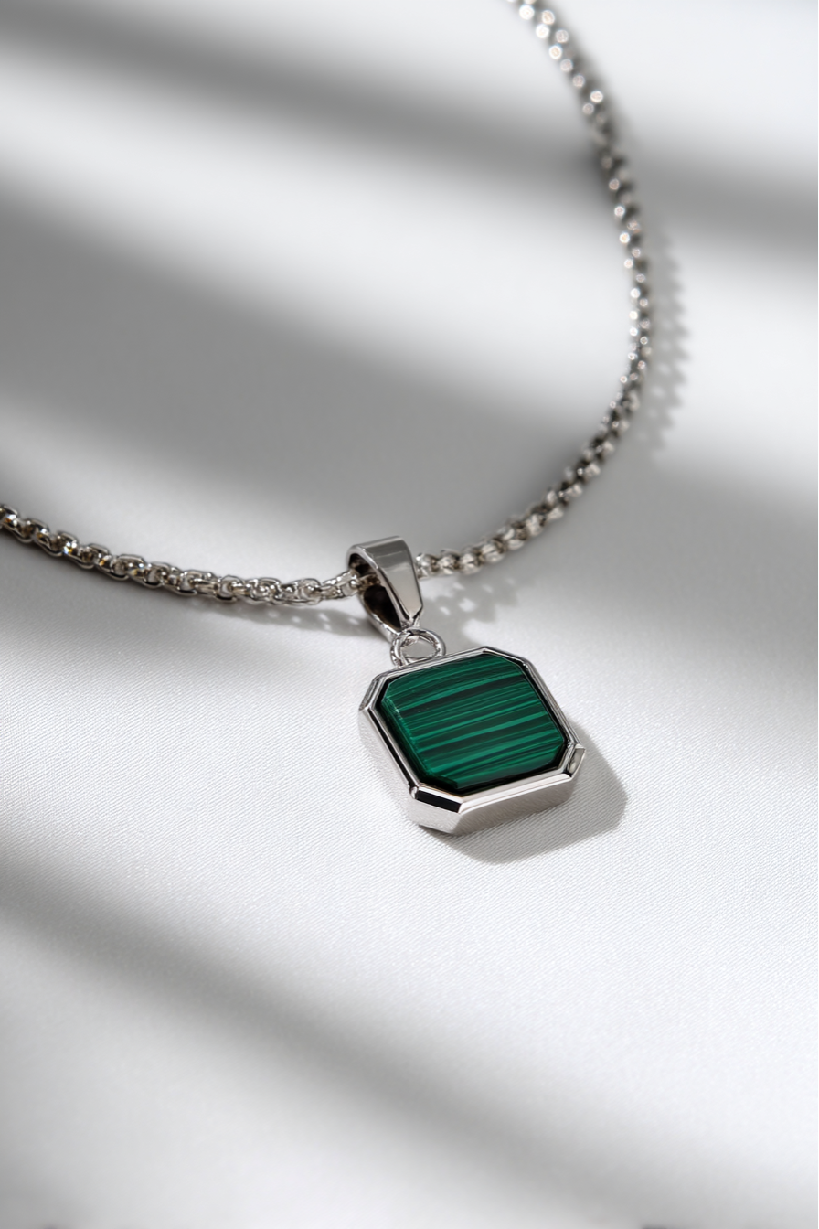 Bruce & Co Men’s Green Malachite Pendant Necklace, Silver-Plated Steel